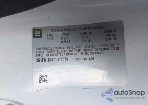 2010 Chevrolet Camaro 1Ls z USA, uszkodzony, nr VIN 2G1FA1EV4A9174574